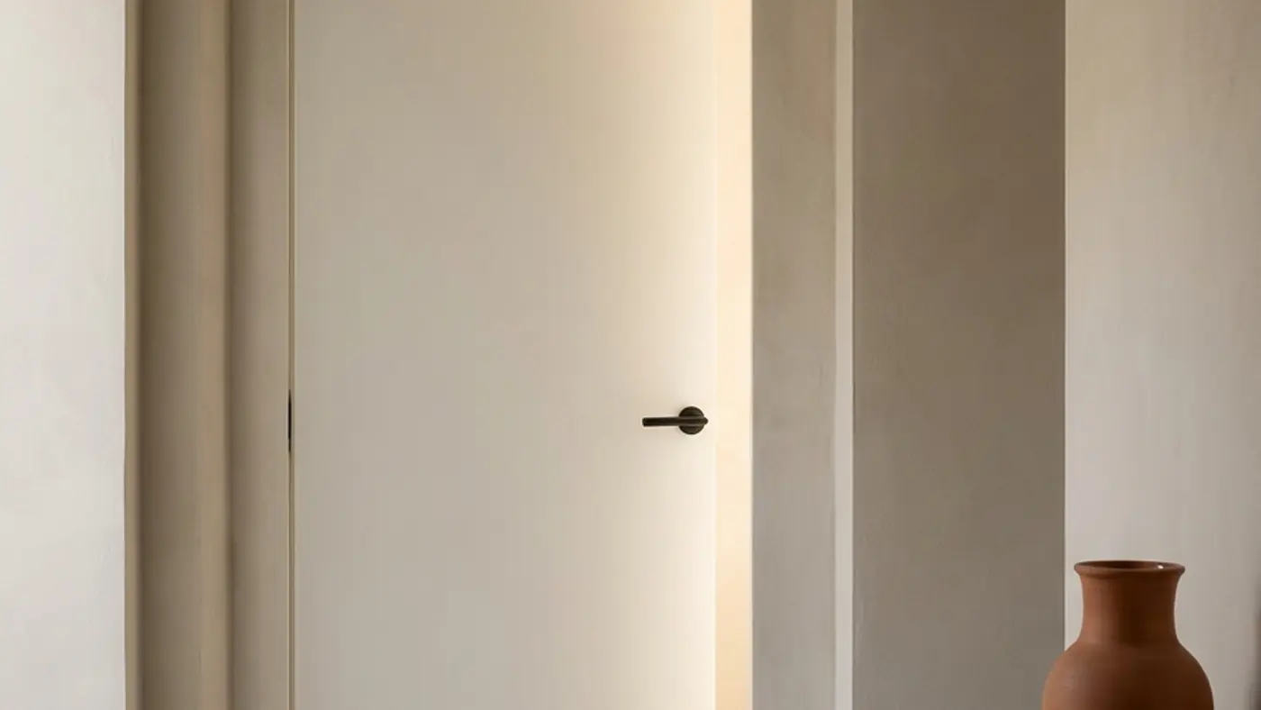 A flush interior door standing ajar in a plastered opening
